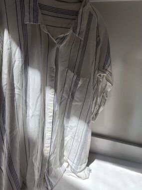 Altar’d State White Button-Up Shirt with Navy Stripes